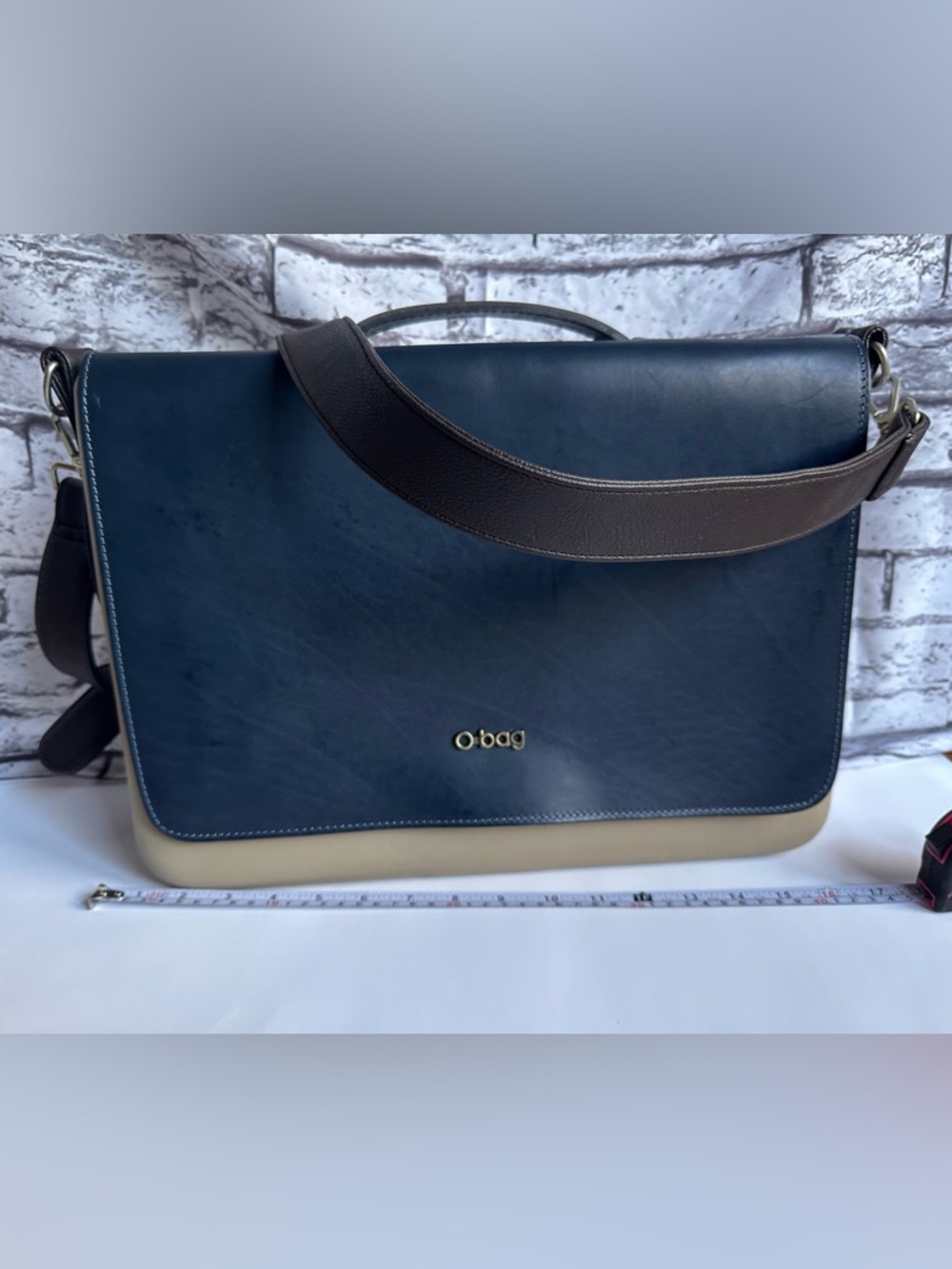 O bag Italy : Navy Leather Flap and Beige Body Messenger / Laptop Bag